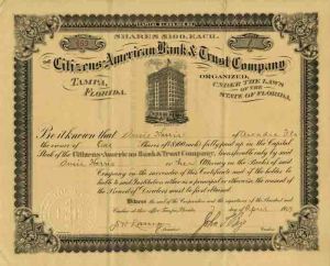 Citizens American Bank and Trust Co. - 1927 dated Tampa, Florida Banking Stock Certificate